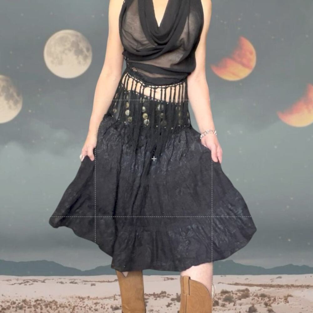 Black Whimsigoth Fringe Midi Skirt Embroidered Boho Fairy Grunge